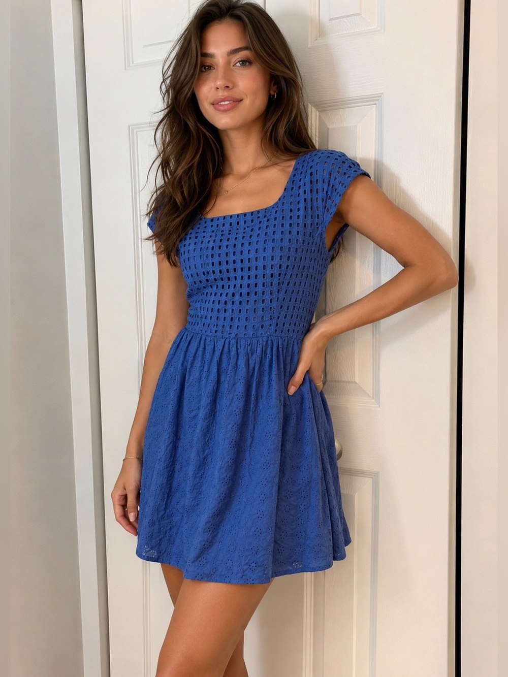 Xhilaration Blue Eyelet Fit & Flare Dress XL Front Zip